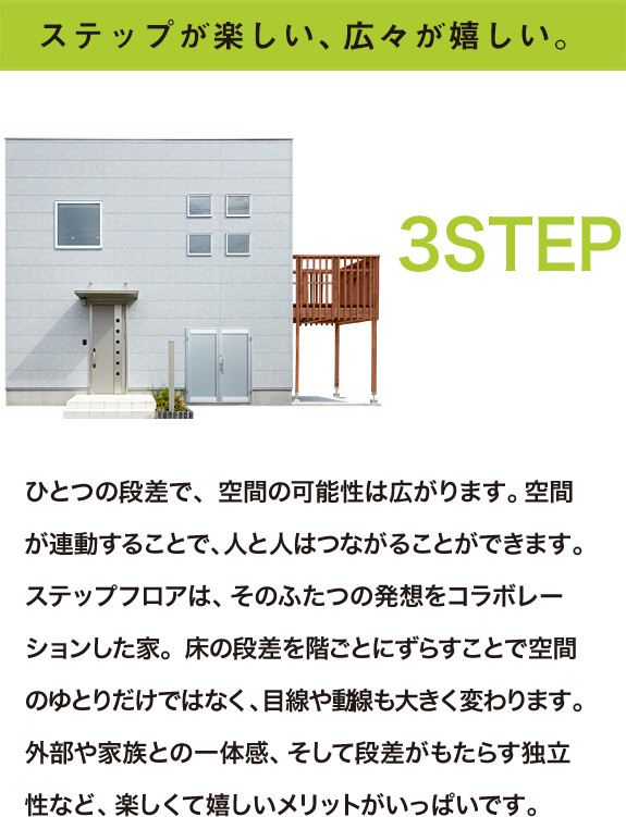 シンプルな四角い外観 住む方の生活に馴染むよう、シンプルでムダを削ぎ落とした四角い家。凹凸のないレイアウトで、室内も広々した空間を実現。